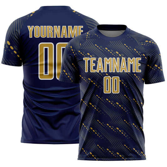 Custom Navy Old Gold-White Slant Lines Sports Sublimation Soccer Uniform Jersey