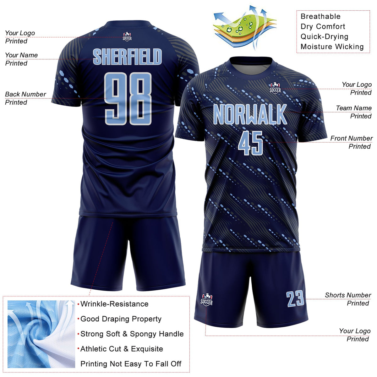 Custom Navy Light Blue-White Slant Lines Sports Sublimation Soccer Uniform Jersey Limited