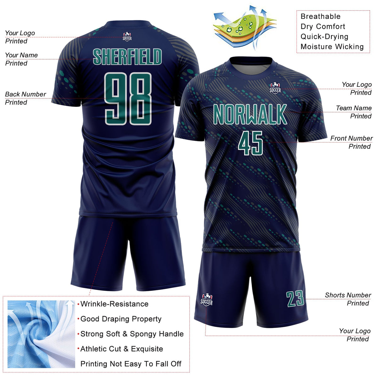 Custom Navy Teal-White Slant Lines Sports Sublimation Soccer Uniform Jersey Limited
