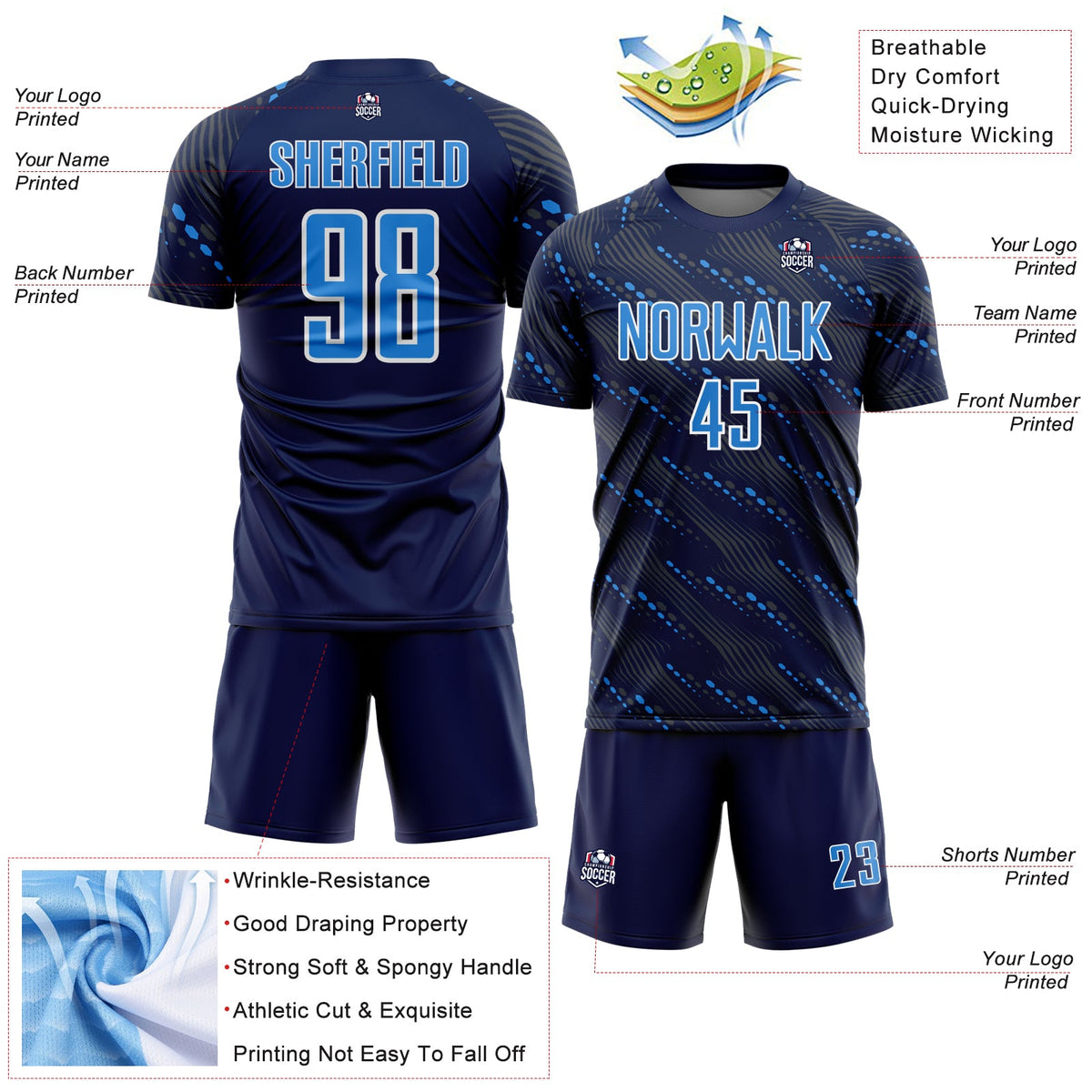Custom Navy Powder Blue-White Slant Lines Sports Sublimation Soccer Uniform Jersey Limited