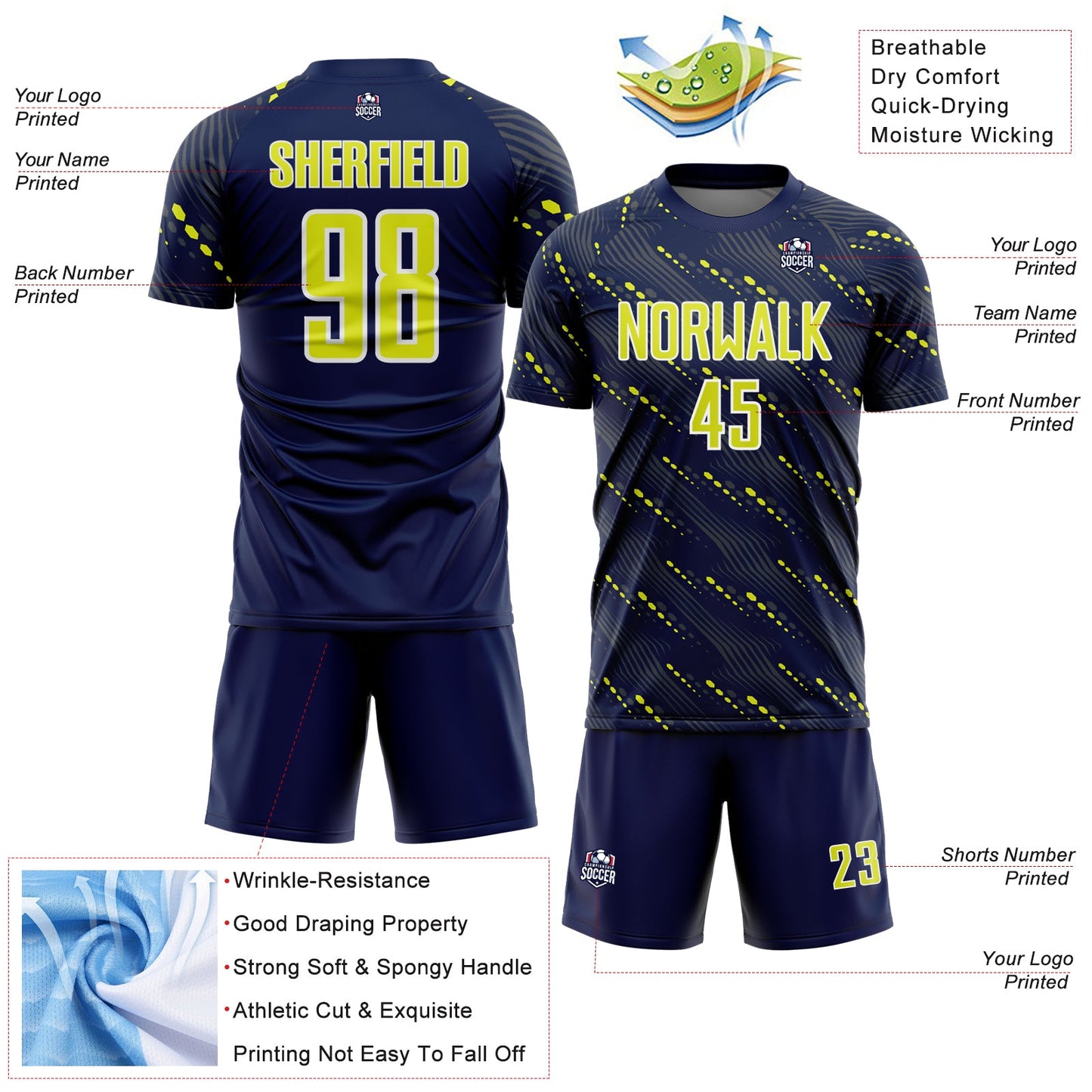 Custom Navy Neon Yellow-White Slant Lines Sports Sublimation Soccer Uniform Jersey Limited