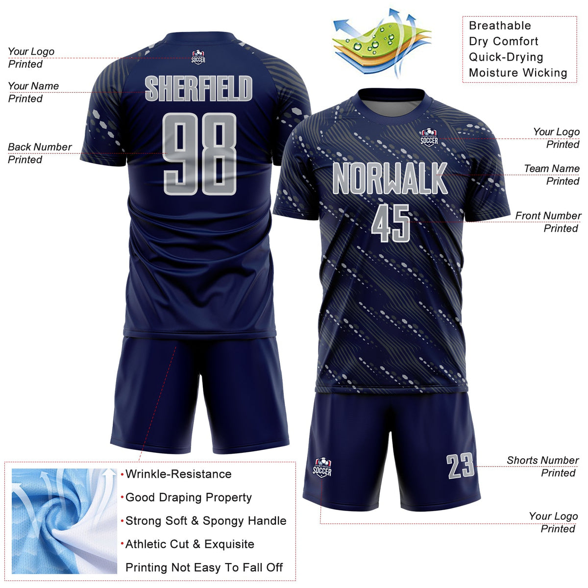 Custom Navy Gray-White Slant Lines Sports Sublimation Soccer Uniform Jersey Limited