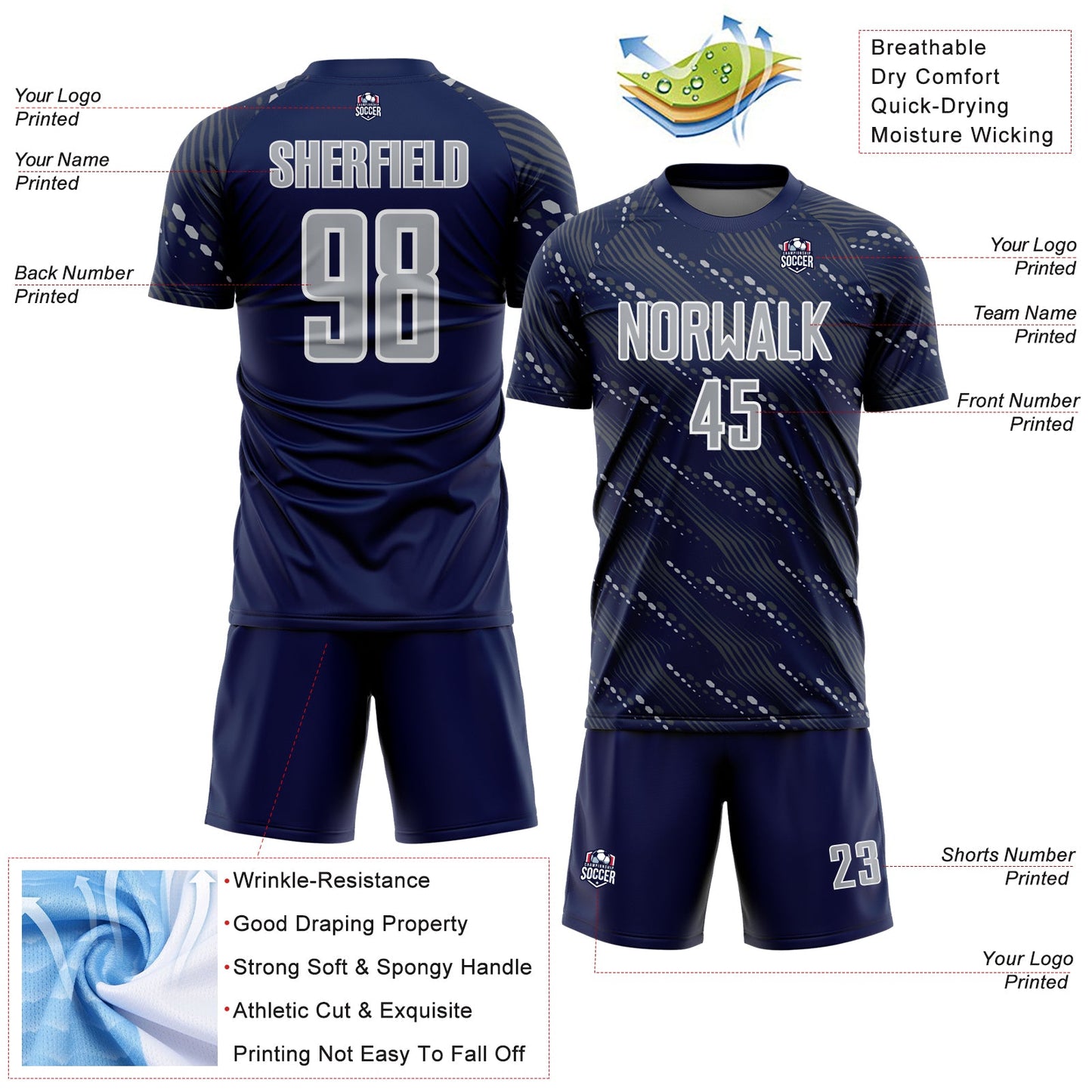 Custom Navy Gray-White Slant Lines Sports Sublimation Soccer Uniform Jersey Limited