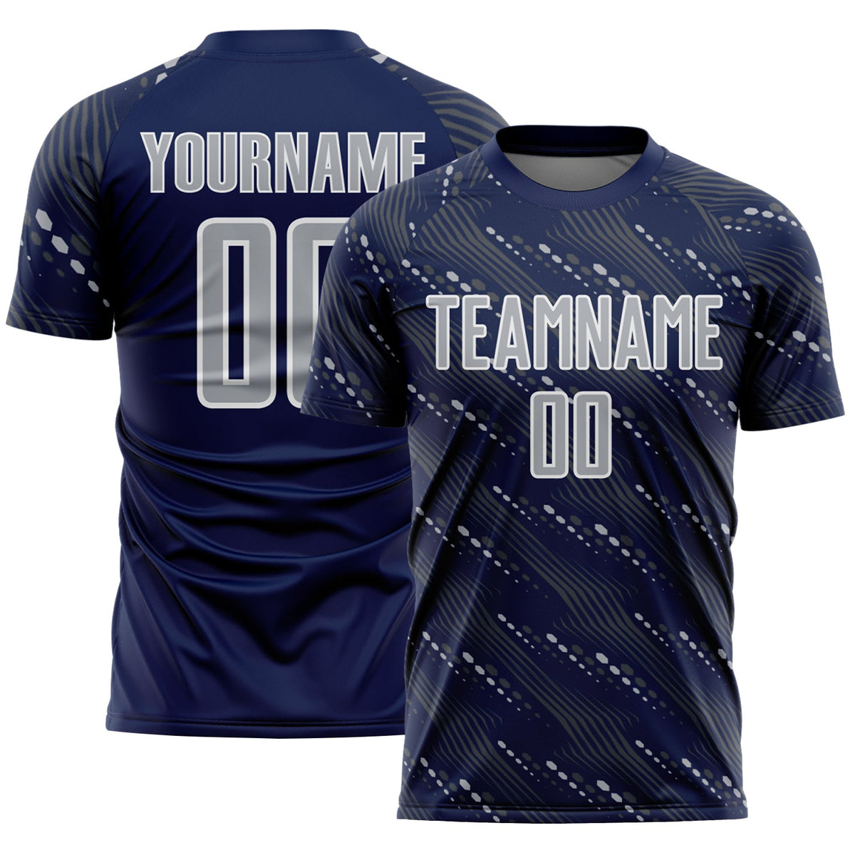 Custom Navy Gray-White Slant Lines Sports Sublimation Soccer Uniform Jersey