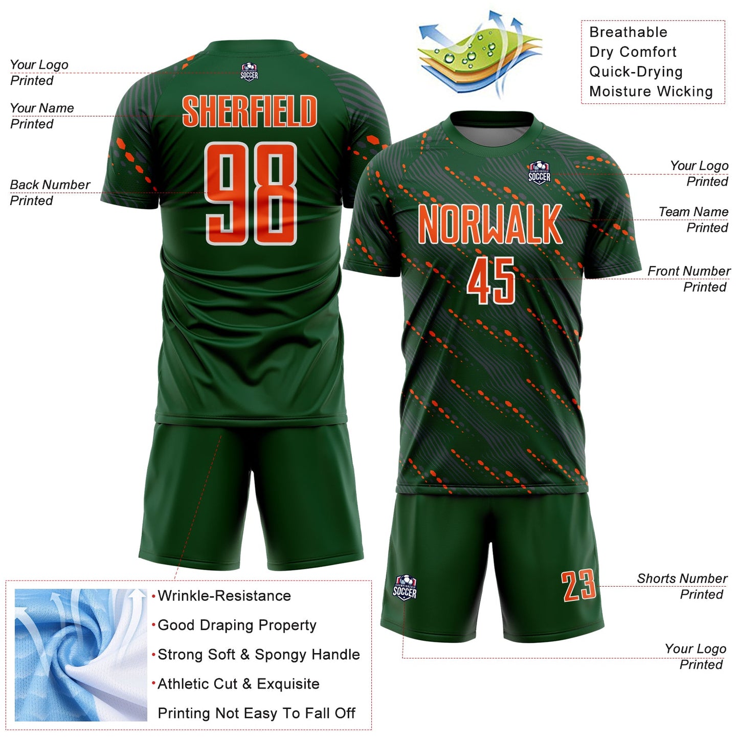Custom Green Orange-White Slant Lines Sports Sublimation Soccer Uniform Jersey Limited