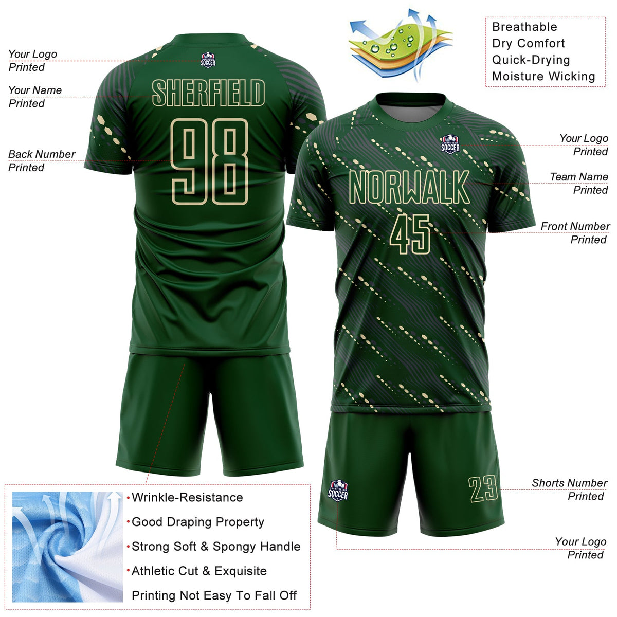 Custom Green Cream Slant Lines Sports Sublimation Soccer Uniform Jersey Limited