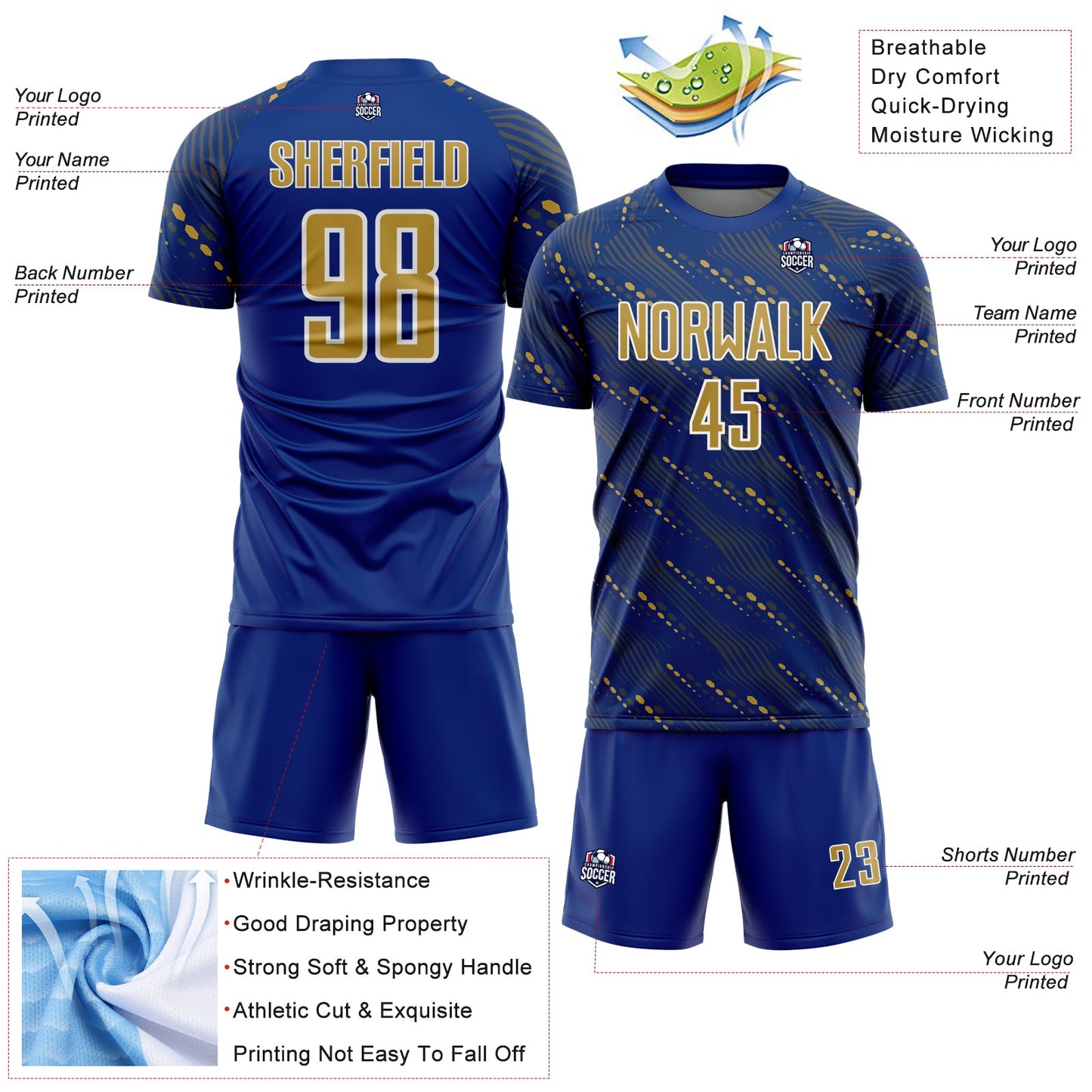 Custom Royal Old Gold-White Slant Lines Sports Sublimation Soccer Uniform Jersey Limited