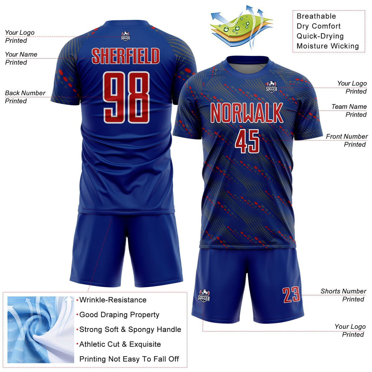 Custom Royal Red-White Slant Lines Sports Sublimation Soccer Uniform Jersey Limited