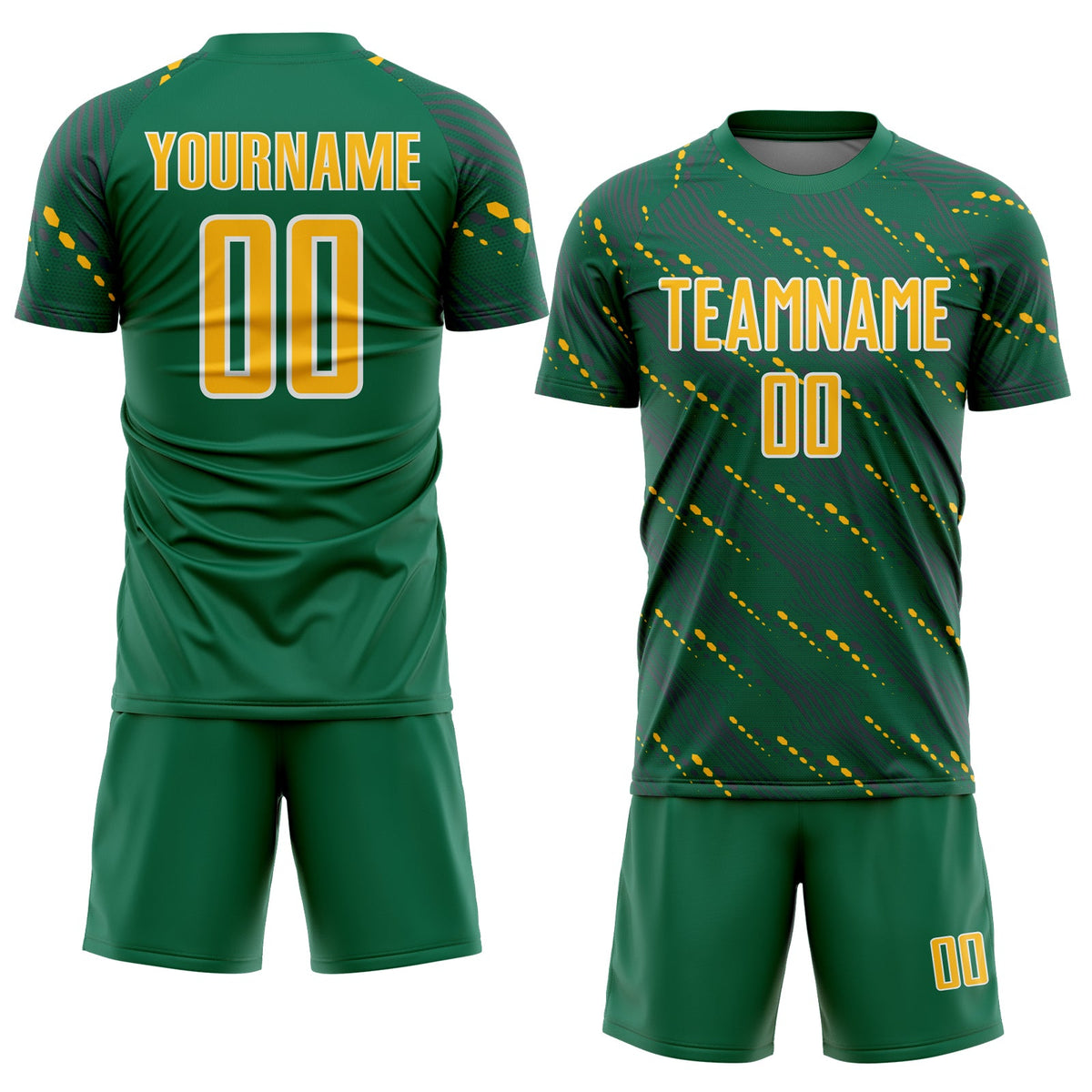 Custom Kelly Green Gold-White Slant Lines Sports Sublimation Soccer Uniform Jersey Limited