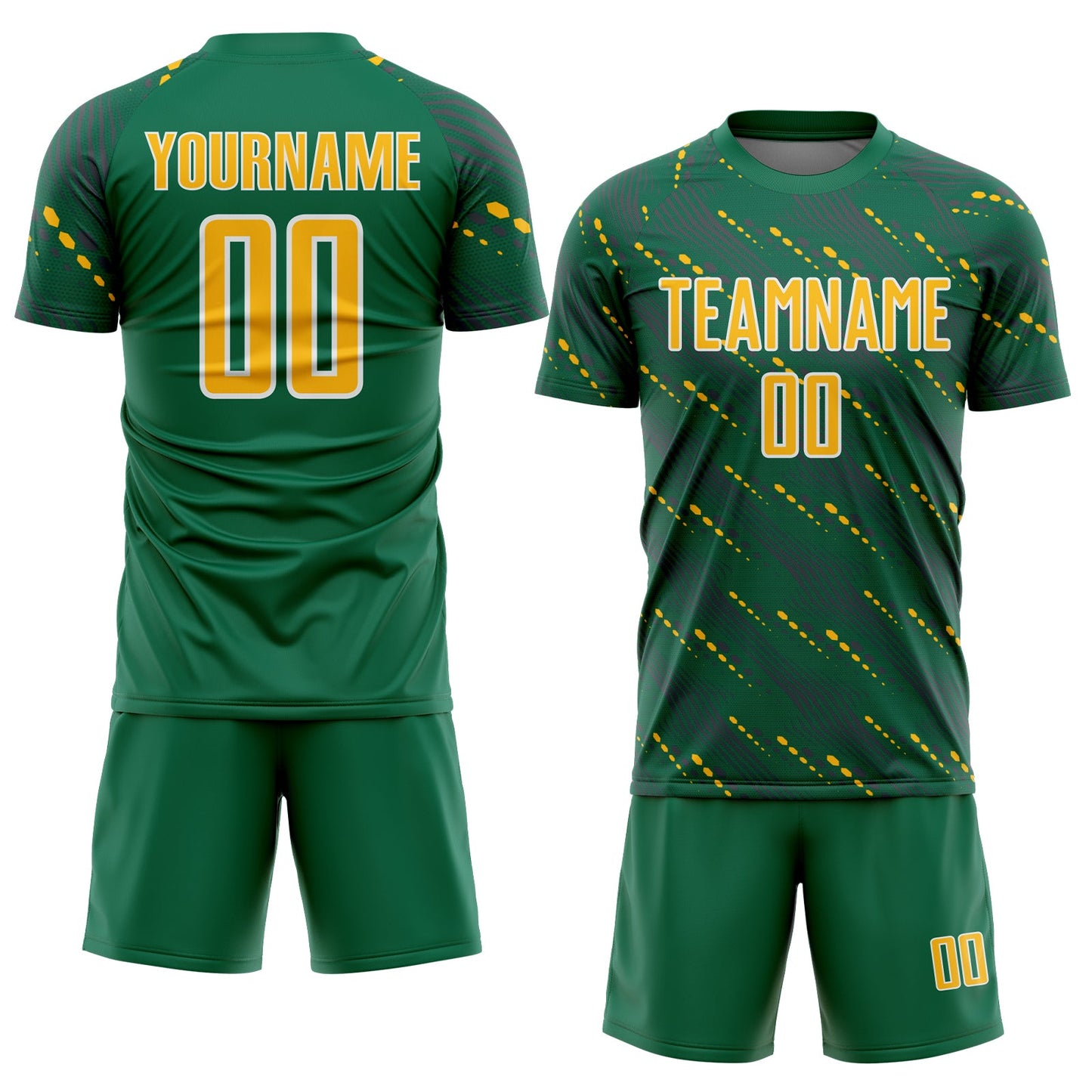 Custom Kelly Green Gold-White Slant Lines Sports Sublimation Soccer Uniform Jersey Limited