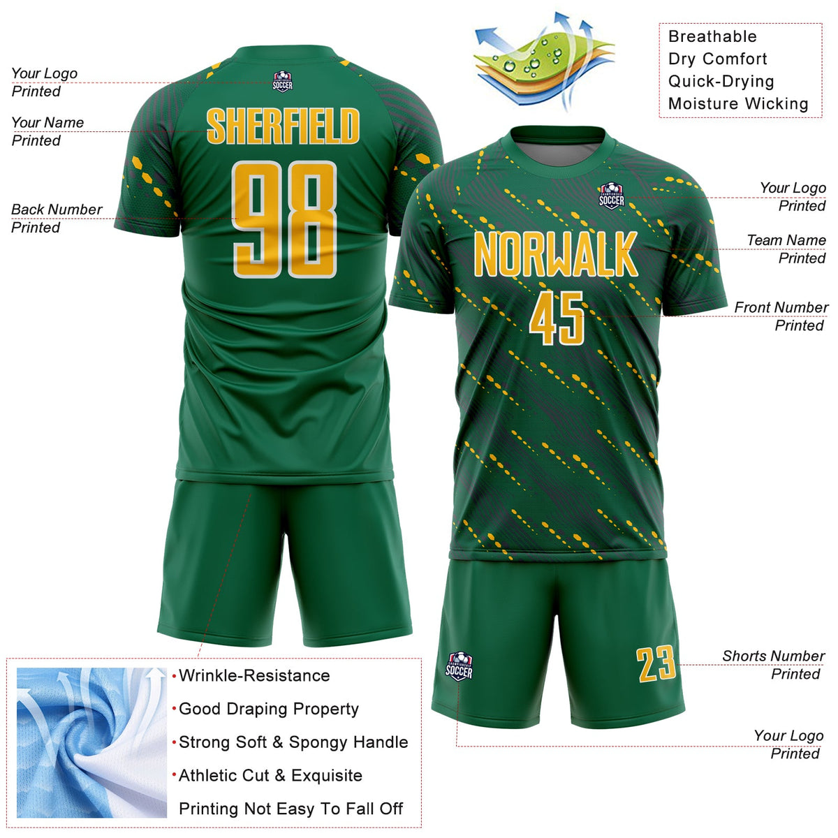 Custom Kelly Green Gold-White Slant Lines Sports Sublimation Soccer Uniform Jersey Limited