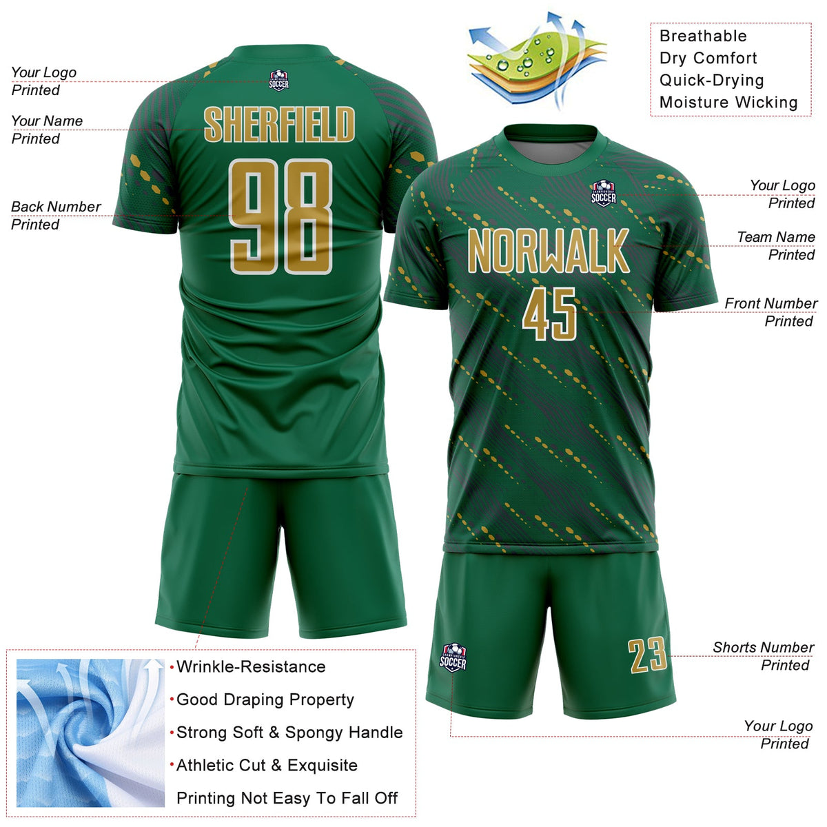 Custom Kelly Green Old Gold-White Slant Lines Sports Sublimation Soccer Uniform Jersey Limited