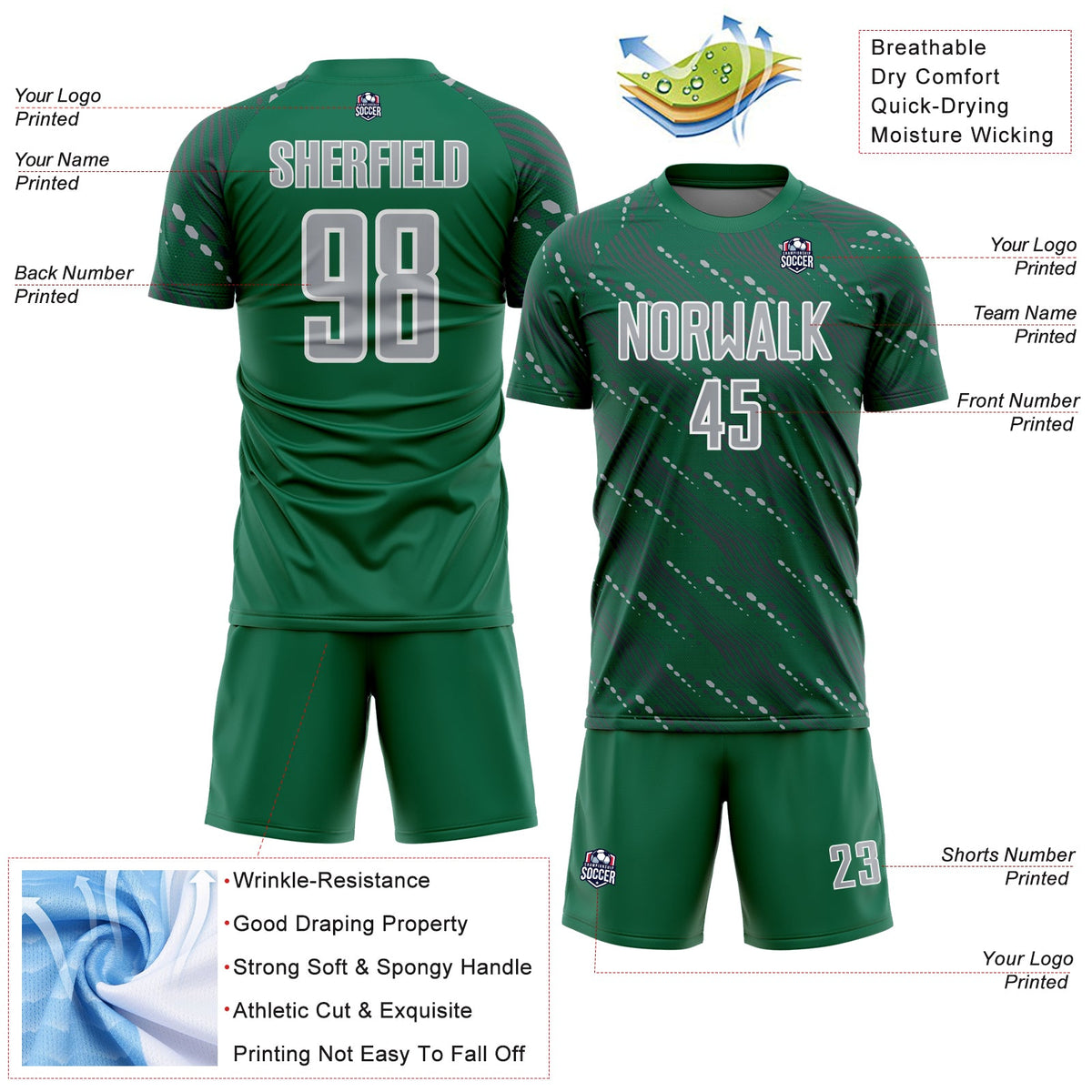Custom Kelly Green Gray-White Slant Lines Sports Sublimation Soccer Uniform Jersey Limited
