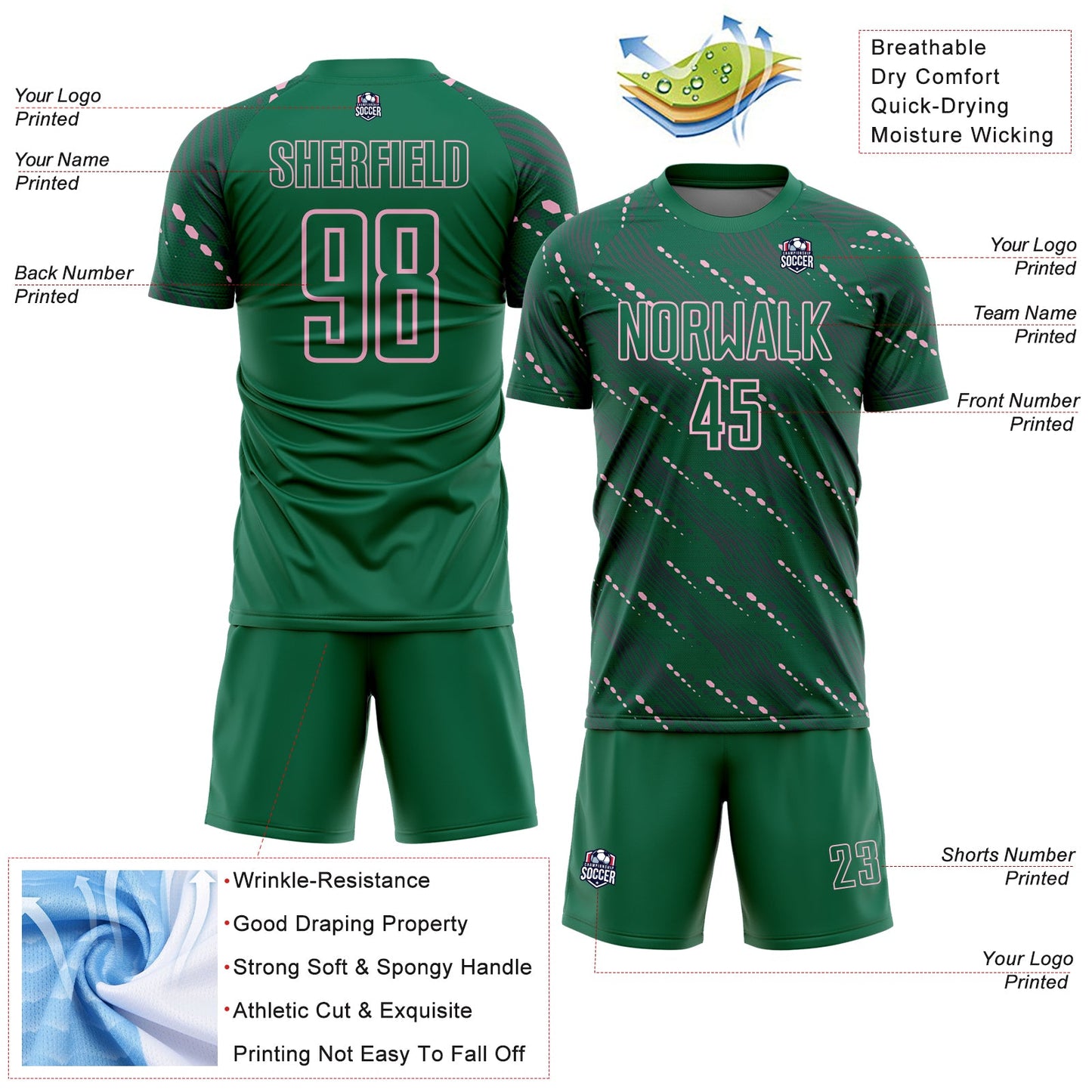 Custom Kelly Green Light Pink Slant Lines Sports Sublimation Soccer Uniform Jersey Limited