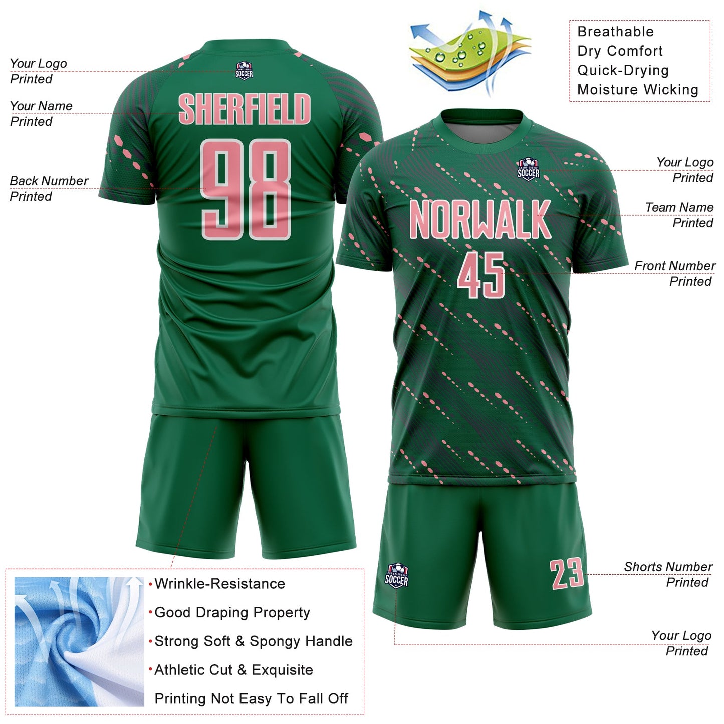 Custom Kelly Green Medium Pink-White Slant Lines Sports Sublimation Soccer Uniform Jersey Limited