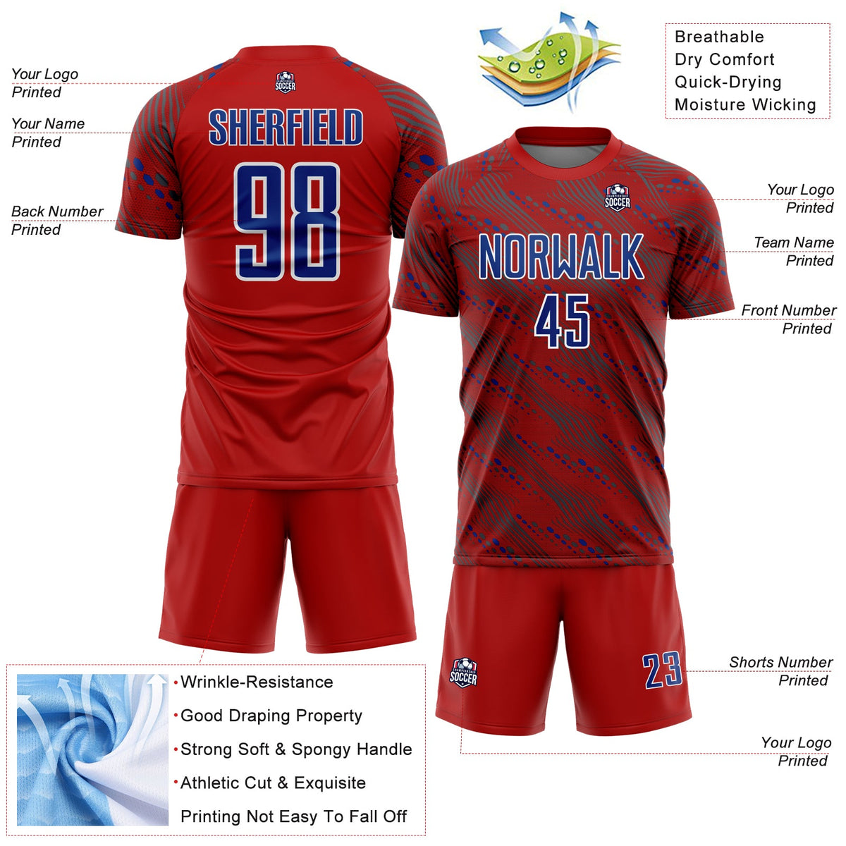 Custom Red Royal-White Slant Lines Sports Sublimation Soccer Uniform Jersey Limited