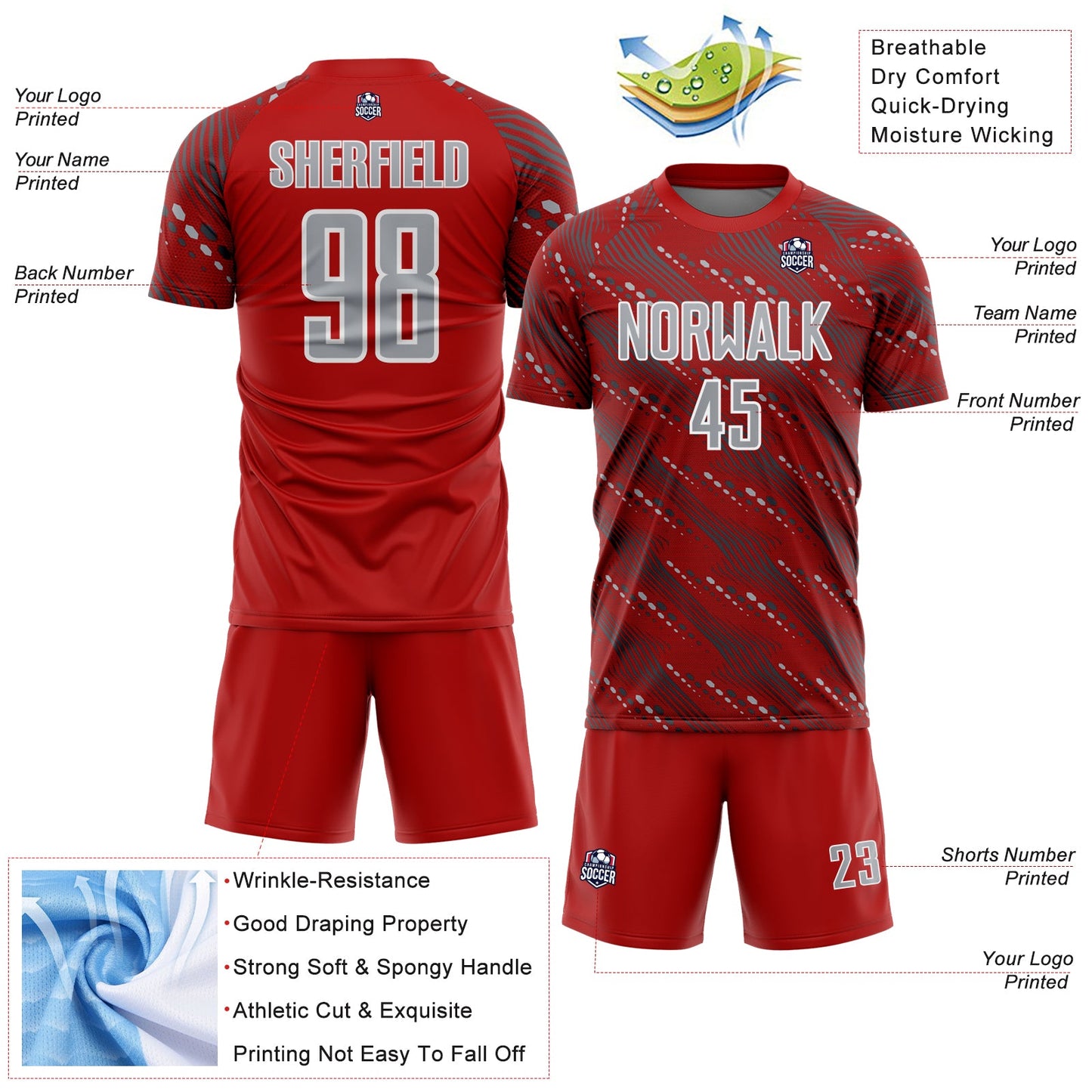 Custom Red Gray-White Slant Lines Sports Sublimation Soccer Uniform Jersey Limited