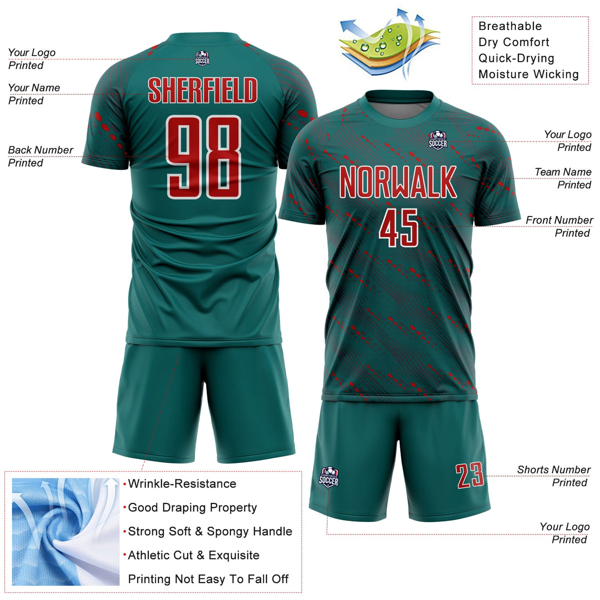 Custom Teal Red-White Slant Lines Sports Sublimation Soccer Uniform Jersey Limited
