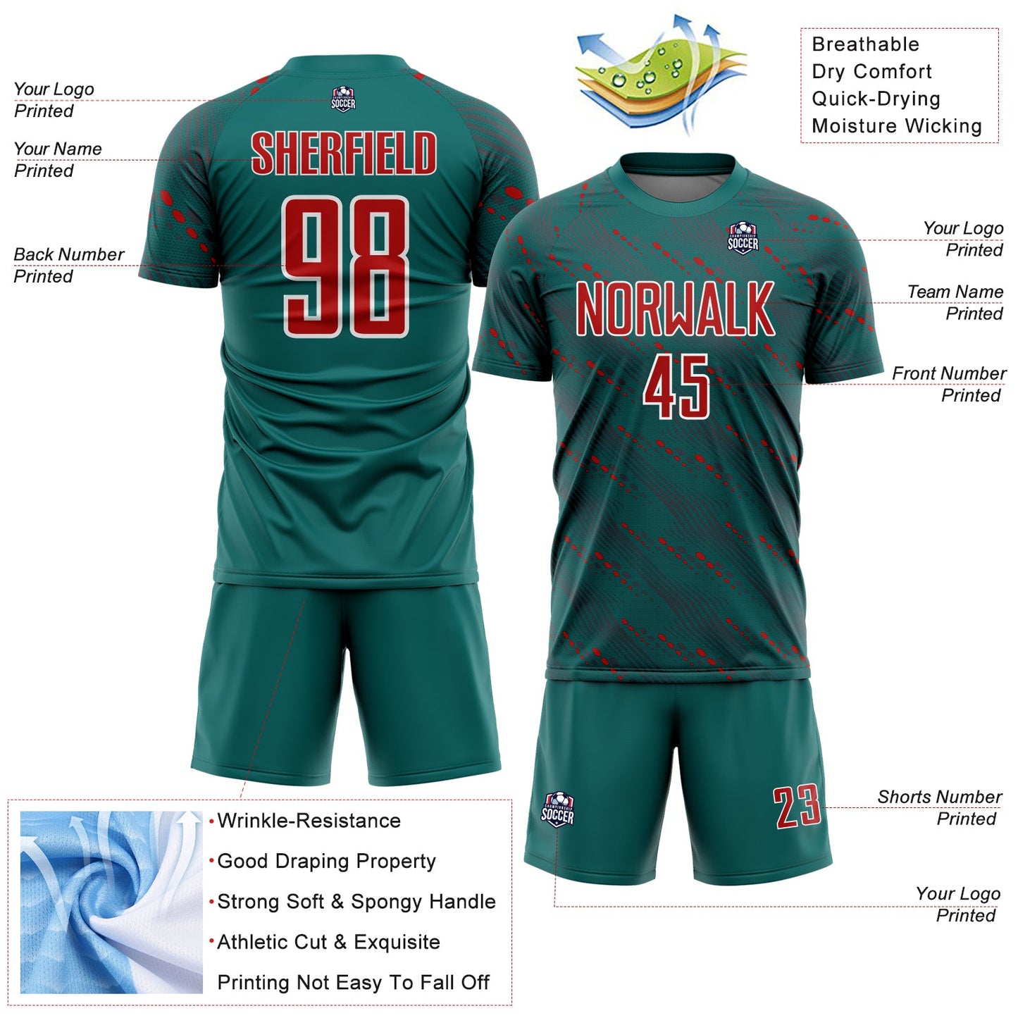 Custom Teal Red-White Slant Lines Sports Sublimation Soccer Uniform Jersey Limited