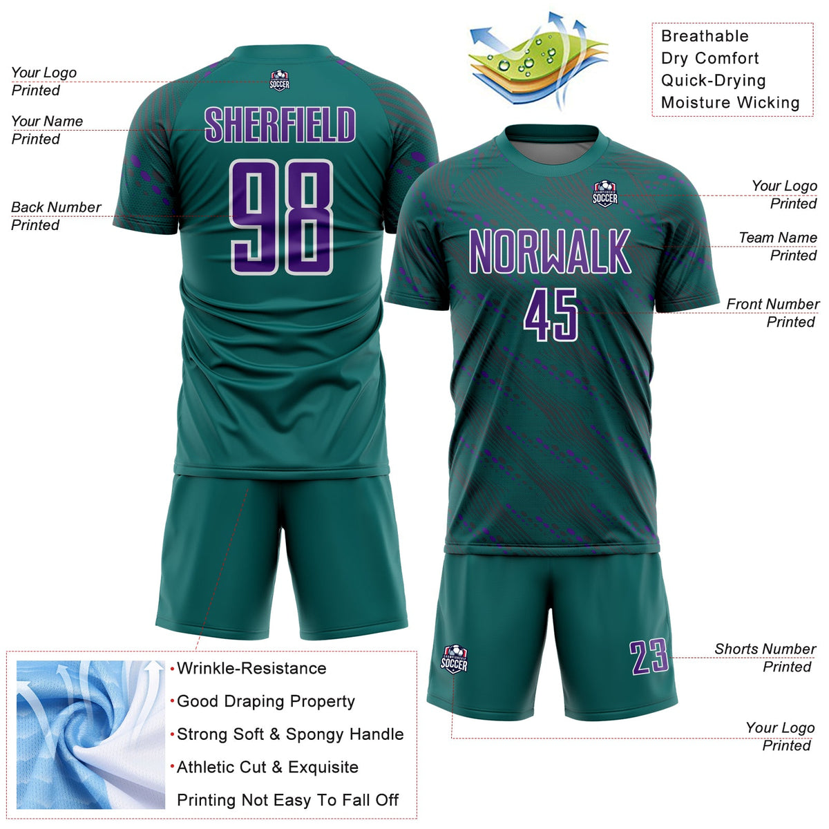 Custom Teal Purple-White Slant Lines Sports Sublimation Soccer Uniform Jersey Limited