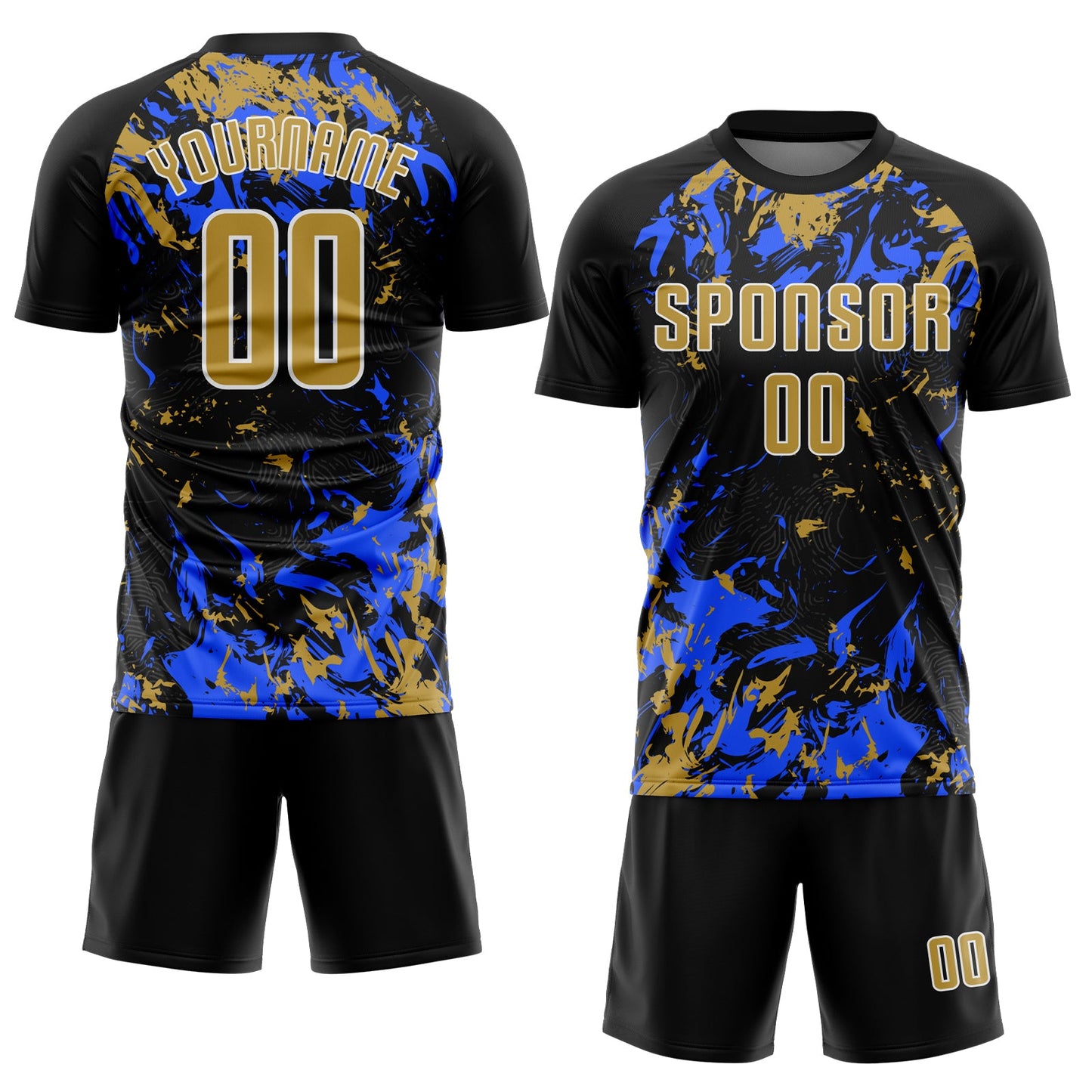 Custom Black Old Gold Royal-White Fluid Art Splash Sublimation Soccer Uniform Jersey Limited
