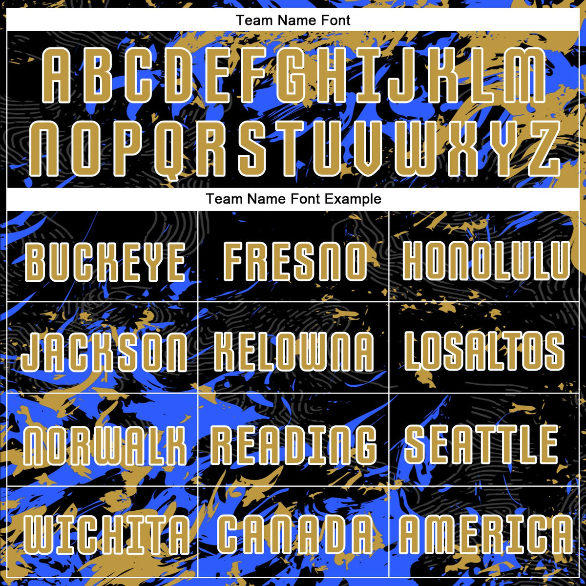 Custom Black Old Gold Royal-White Fluid Art Splash Sublimation Soccer Uniform Jersey Limited