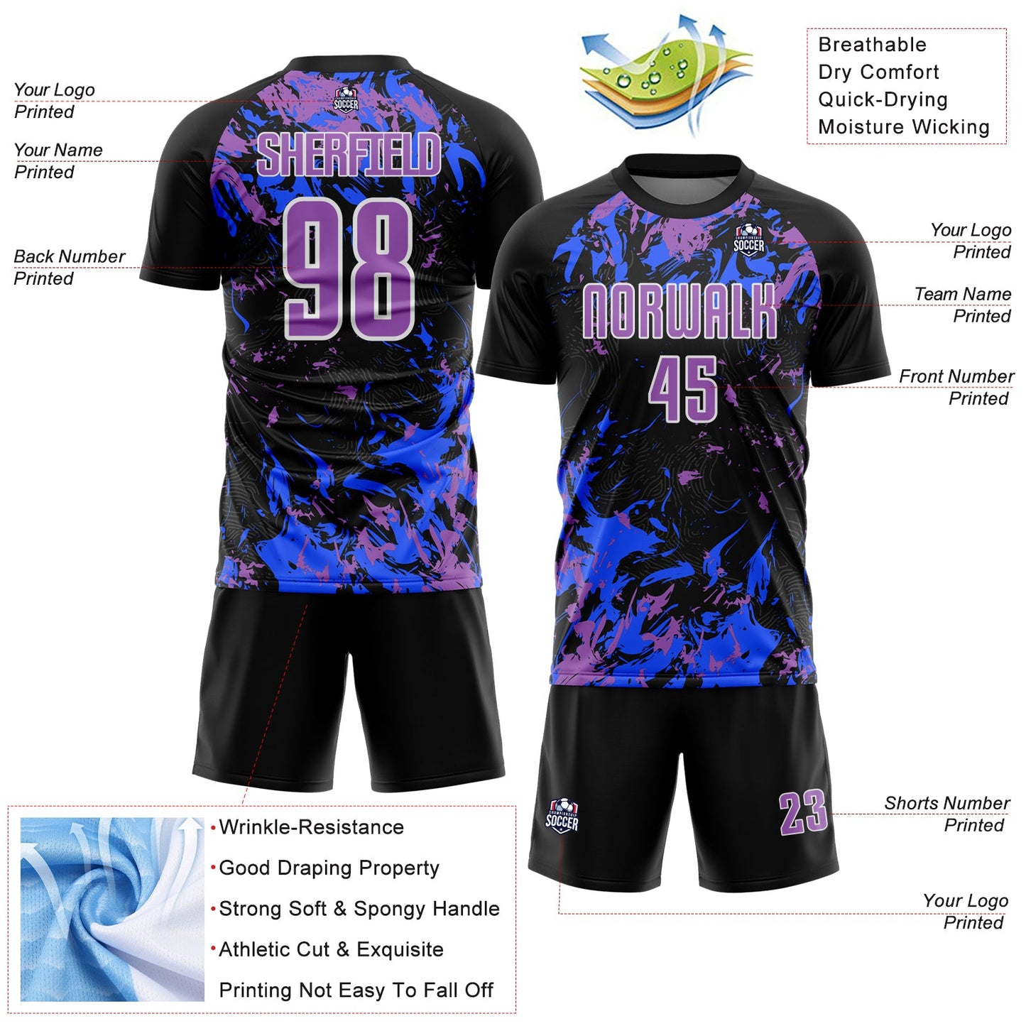 Custom Black Medium Purple Royal-White Fluid Art Splash Sublimation Soccer Uniform Jersey Limited