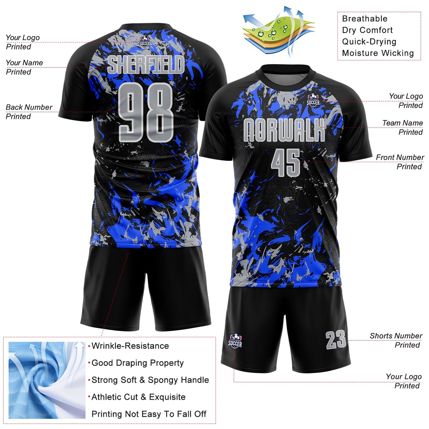Custom Black Gray Royal-White Fluid Art Splash Sublimation Soccer Uniform Jersey Limited