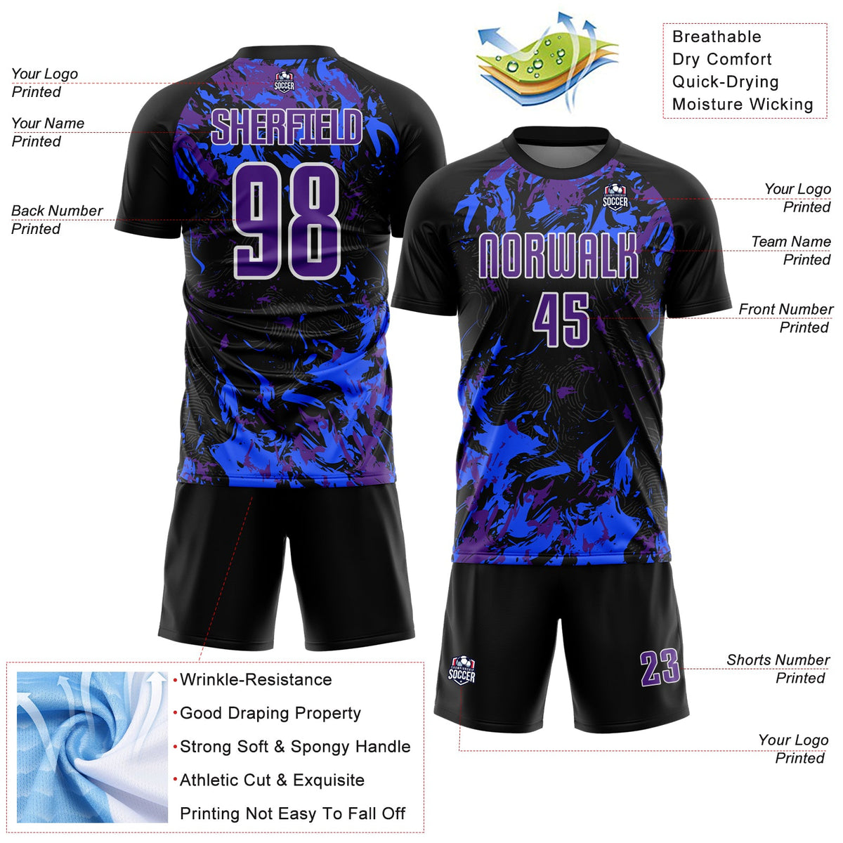 Custom Black Purple Royal-White Fluid Art Splash Sublimation Soccer Uniform Jersey Limited
