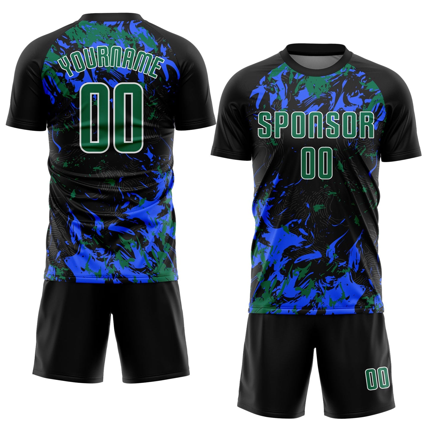 Custom Black Kelly Green Royal-White Fluid Art Splash Sublimation Soccer Uniform Jersey Limited