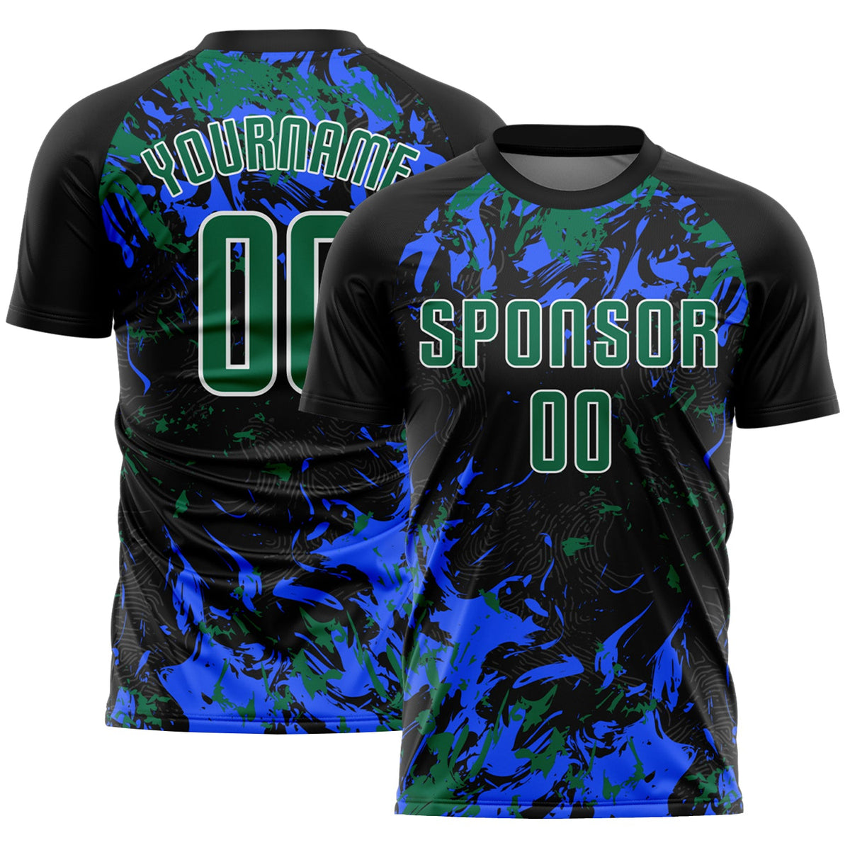 Custom Black Kelly Green Royal-White Fluid Art Splash Sublimation Soccer Uniform Jersey