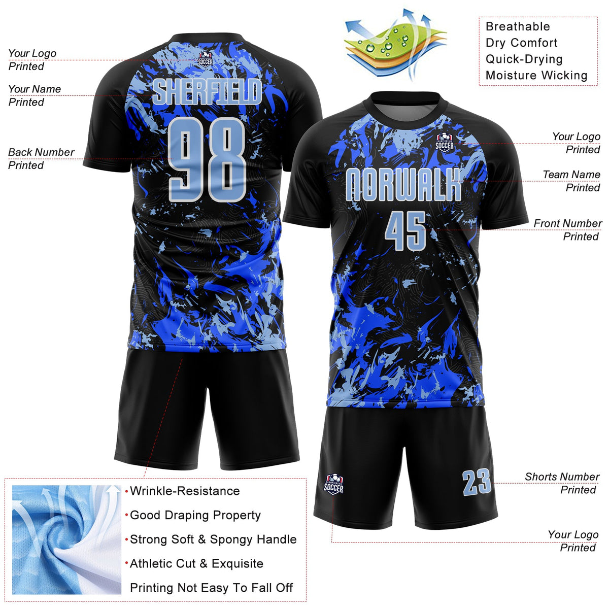 Custom Black Light Blue Royal-White Fluid Art Splash Sublimation Soccer Uniform Jersey Limited