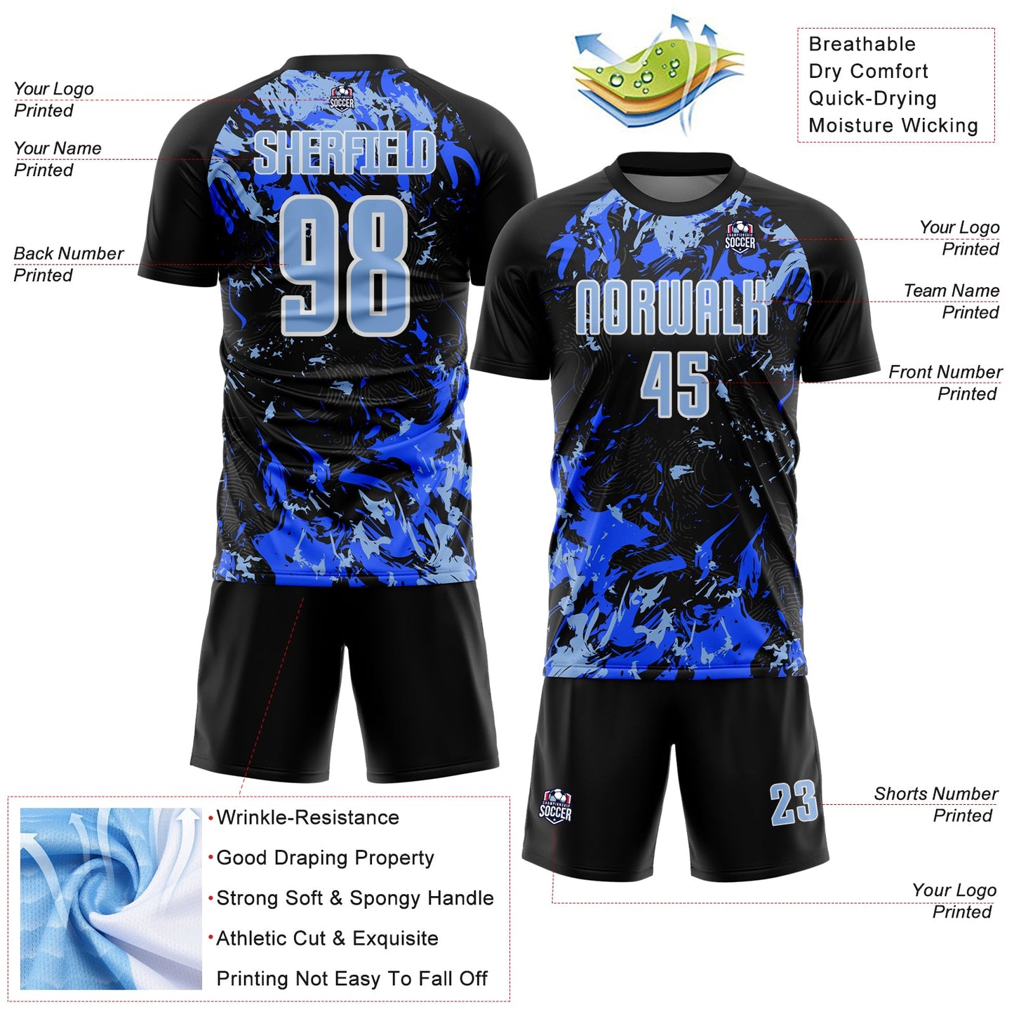 Custom Black Light Blue Royal-White Fluid Art Splash Sublimation Soccer Uniform Jersey Limited