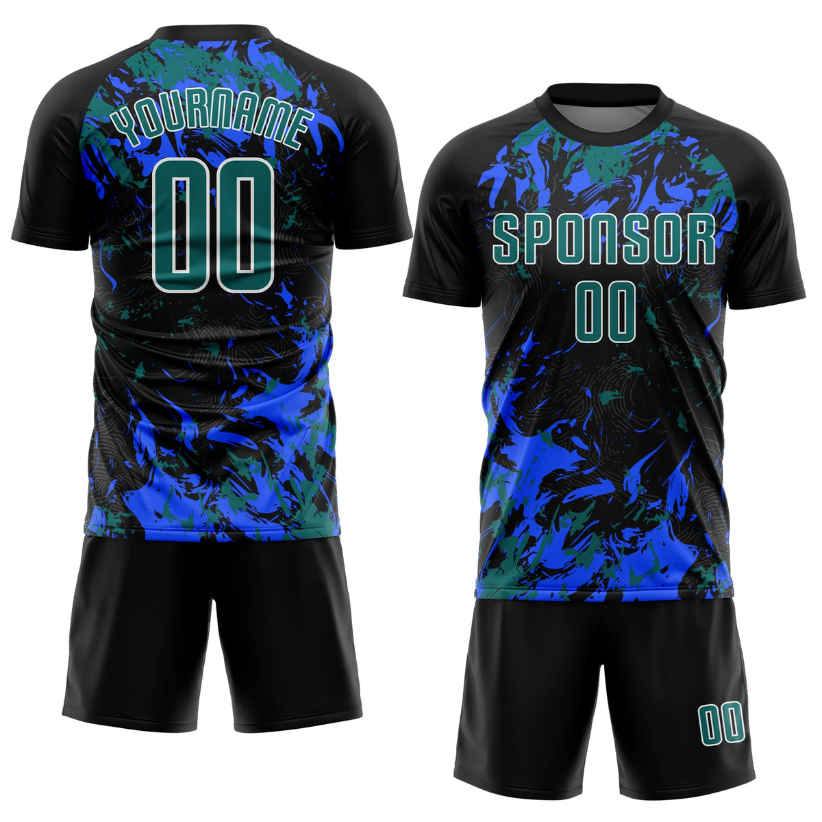 Custom Black Teal Royal-White Fluid Art Splash Sublimation Soccer Uniform Jersey Limited