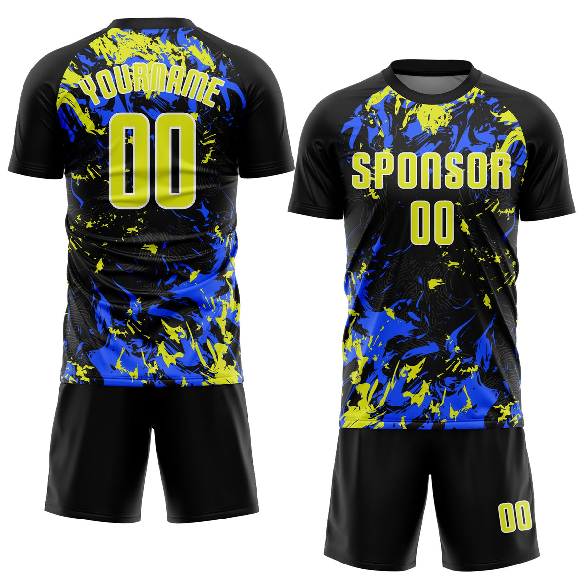 Custom Black Neon Yellow Royal-White Fluid Art Splash Sublimation Soccer Uniform Jersey Limited