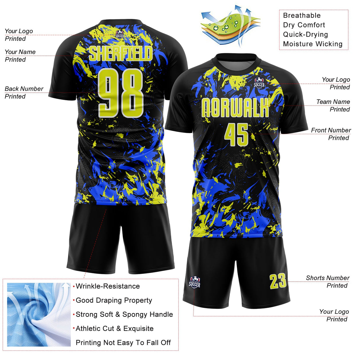 Custom Black Neon Yellow Royal-White Fluid Art Splash Sublimation Soccer Uniform Jersey Limited