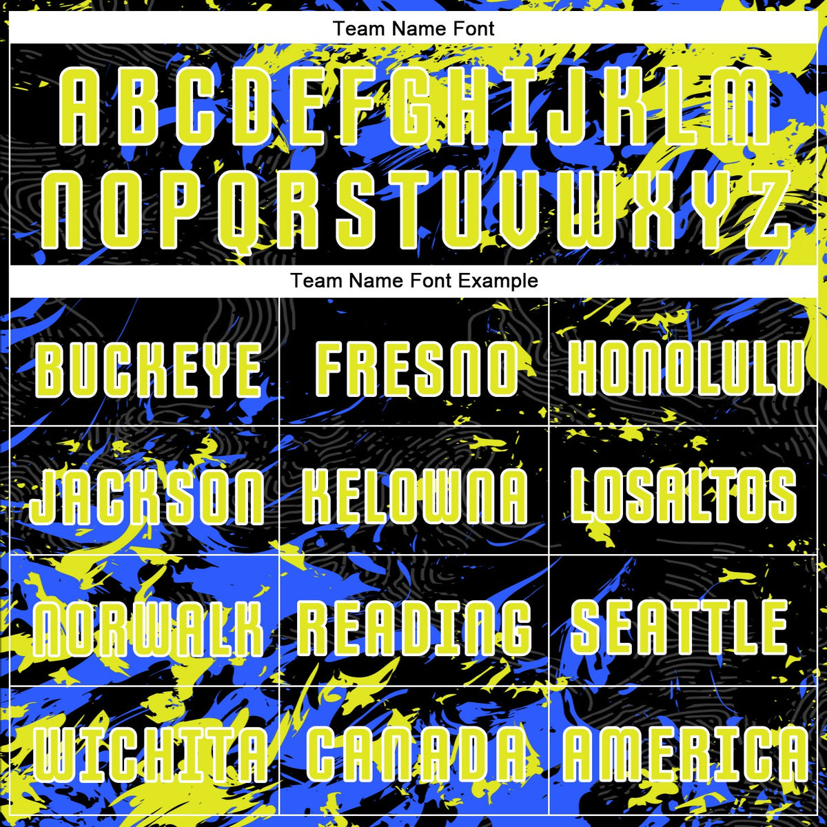 Custom Black Neon Yellow Royal-White Fluid Art Splash Sublimation Soccer Uniform Jersey Limited