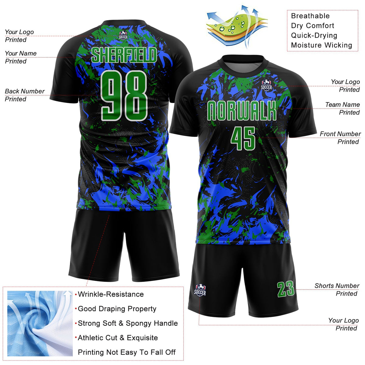Custom Black Grass Green Royal-White Fluid Art Splash Sublimation Soccer Uniform Jersey Limited
