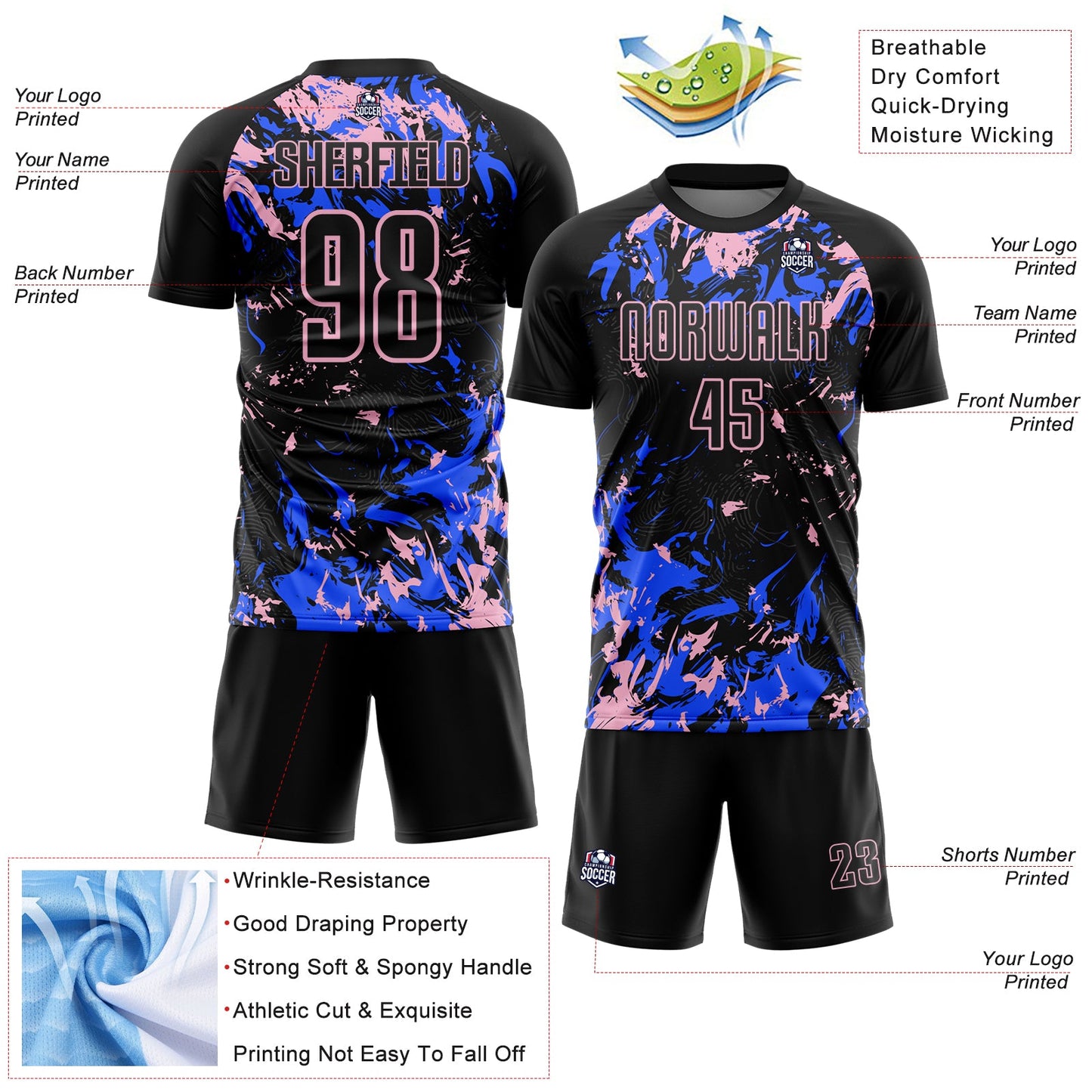 Custom Black Light Pink-Royal Fluid Art Splash Sublimation Soccer Uniform Jersey Limited