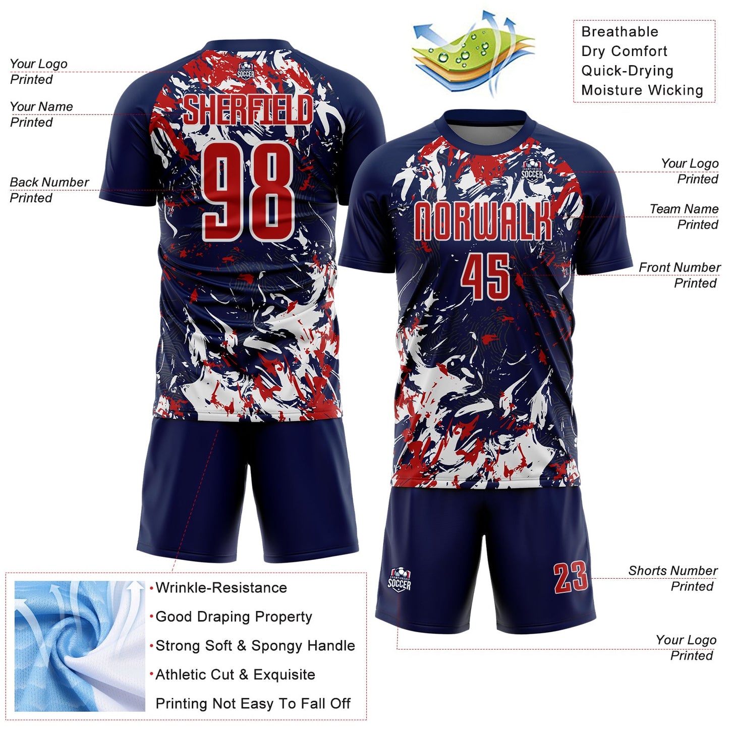 Custom Navy Red-White Fluid Art Splash Sublimation Soccer Uniform Jersey Limited