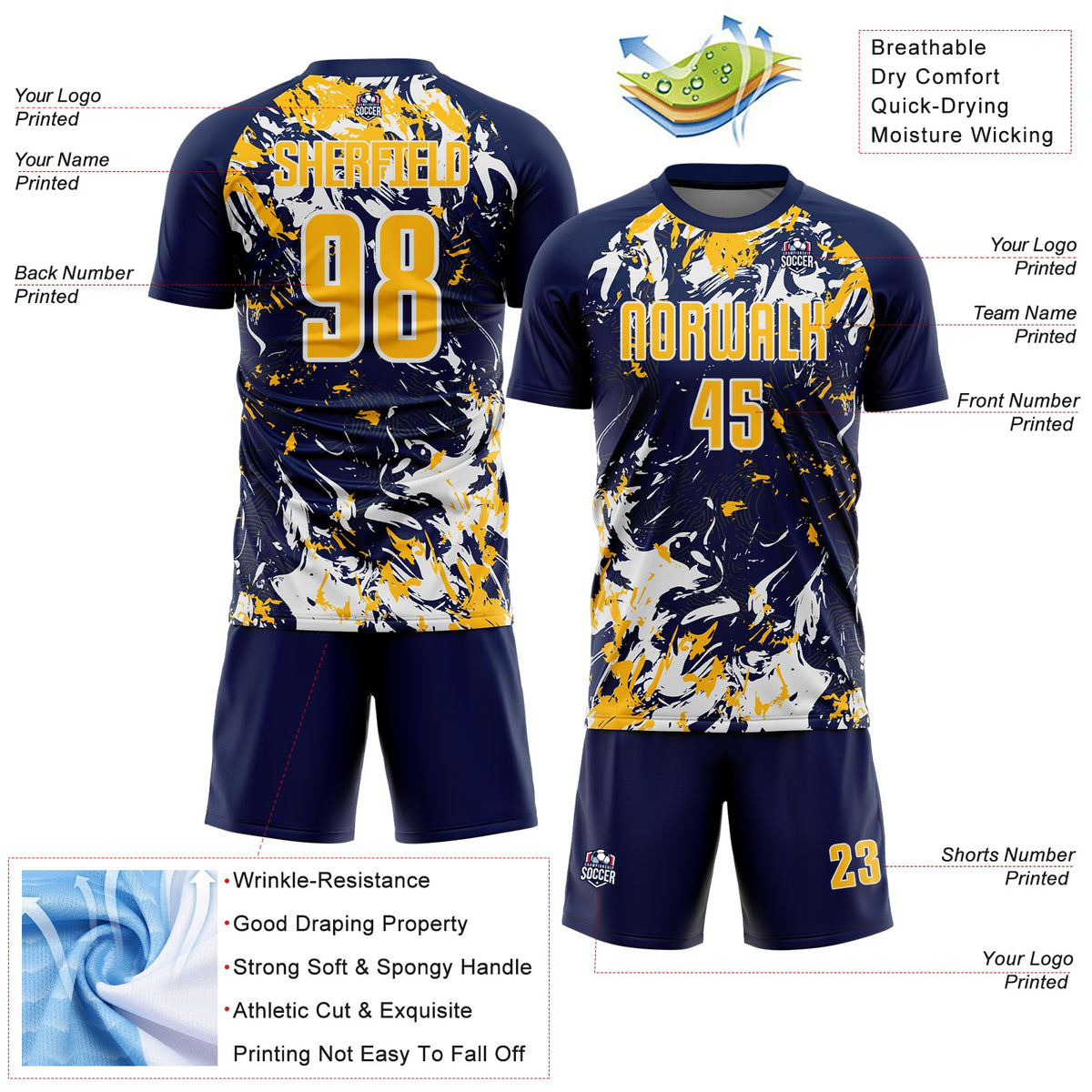 Custom Navy Gold-White Fluid Art Splash Sublimation Soccer Uniform Jersey Limited