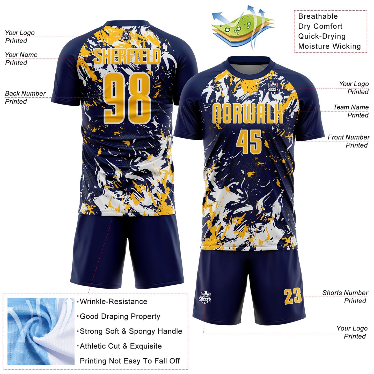 Custom Navy Gold-White Fluid Art Splash Sublimation Soccer Uniform Jersey Limited