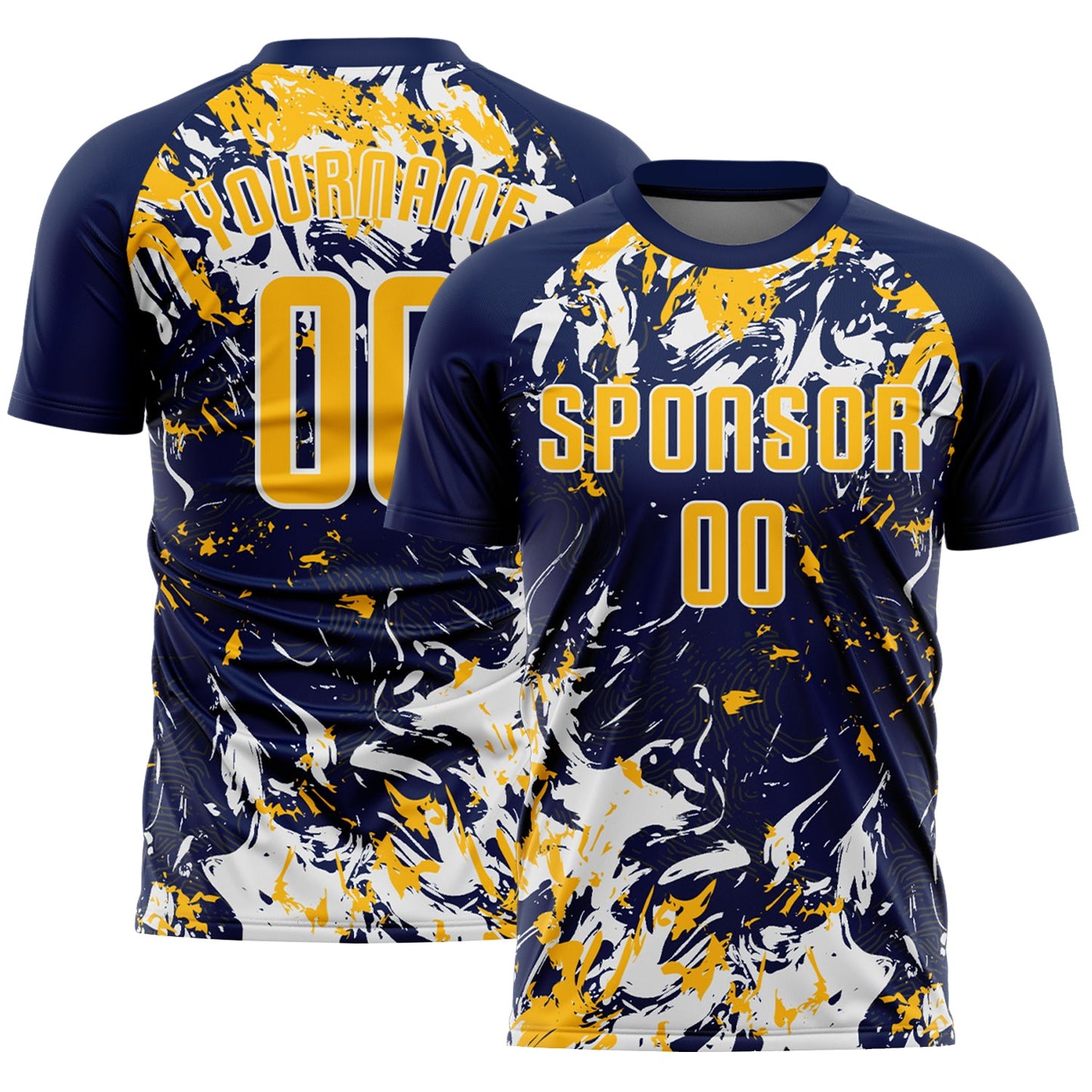 Custom Navy Gold-White Fluid Art Splash Sublimation Soccer Uniform Jersey