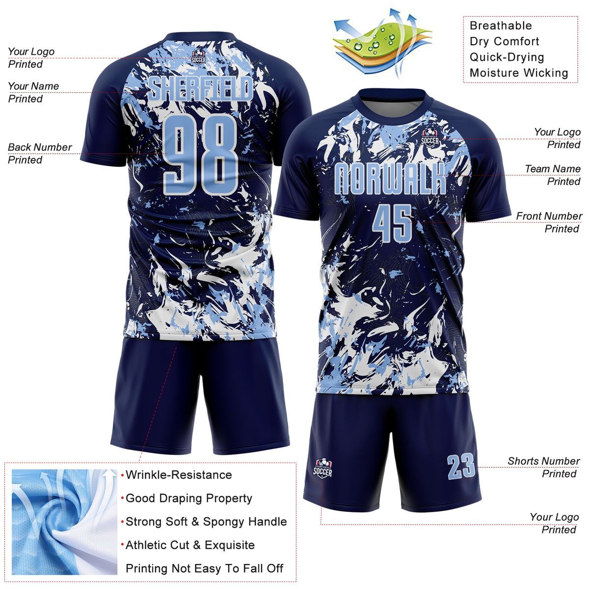 Custom Navy Light Blue-White Fluid Art Splash Sublimation Soccer Uniform Jersey Limited
