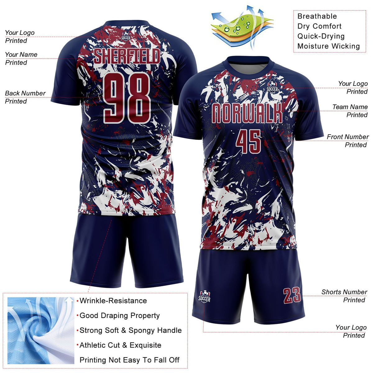 Custom Navy Crimson-White Fluid Art Splash Sublimation Soccer Uniform Jersey Limited