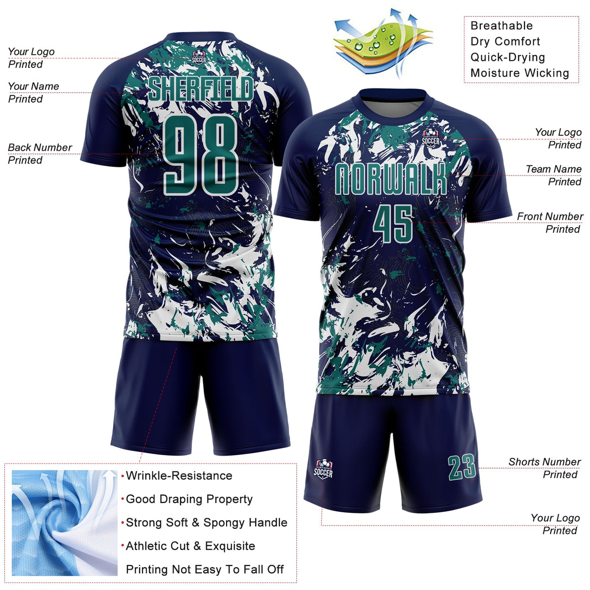 Custom Navy Teal-White Fluid Art Splash Sublimation Soccer Uniform Jersey Limited