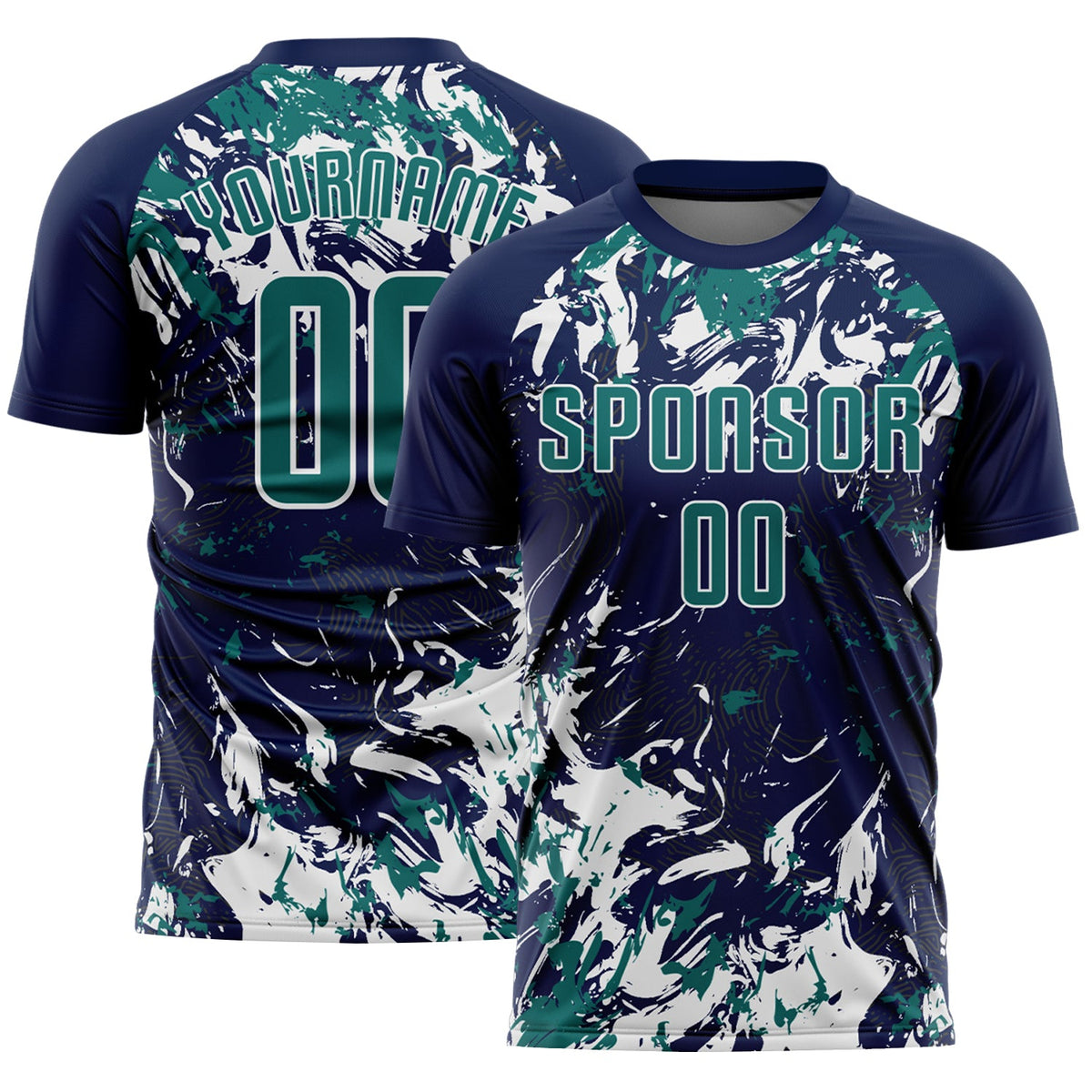 Custom Navy Teal-White Fluid Art Splash Sublimation Soccer Uniform Jersey