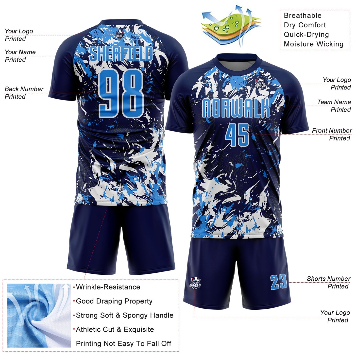 Custom Navy Powder Blue-White Fluid Art Splash Sublimation Soccer Uniform Jersey Limited