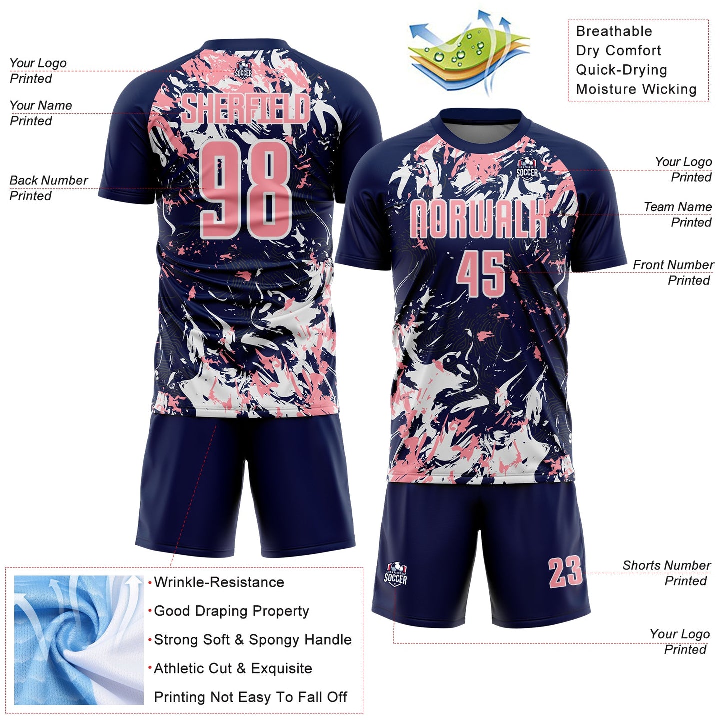 Custom Navy Medium Pink-White Fluid Art Splash Sublimation Soccer Uniform Jersey Limited