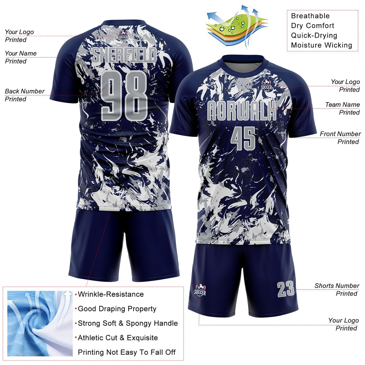 Custom Navy Gray-White Fluid Art Splash Sublimation Soccer Uniform Jersey Limited